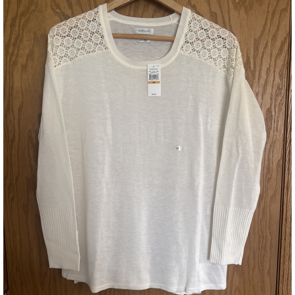 Van Heusen Ivory Cream Lace Shoulder Fine Light weight  Knit Sweater Top NWT